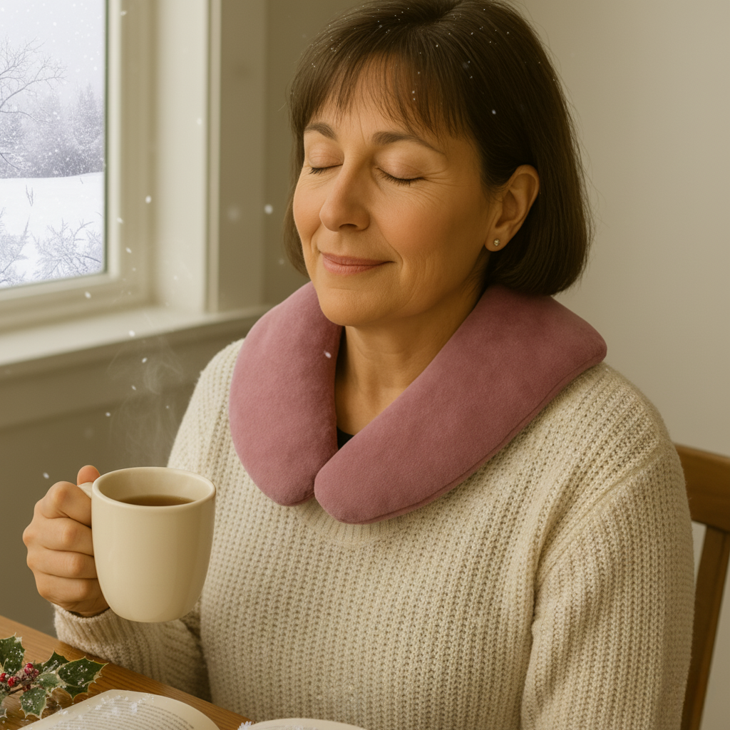 A woman with a soothing pink neck wrap enjoys a warm drink in a cozy winter setting, with snow falling outside her window.