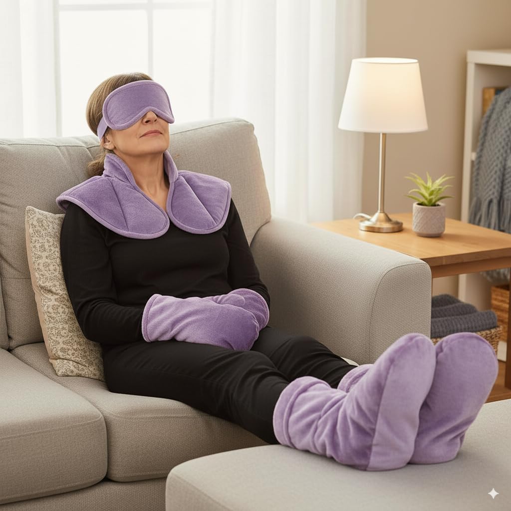 Woman relaxing on a couch wearing a lavender-colored herbal therapy set, including a neck wrap, eye mask, mittens, and foot warmers, promoting full-body comfort and natural relaxation.
