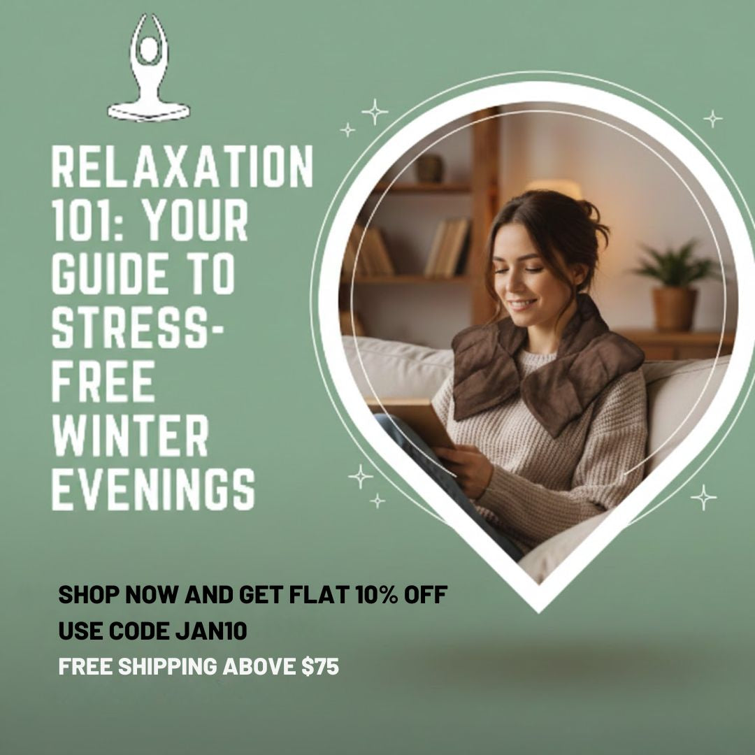 Relaxation 101 winter wellness promotion showing woman reading at home with flat 10 percent off code JAN10 and free shipping offer