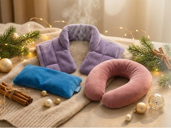 Soft wellness set featuring a lavender neck wrap, pink travel pillow, and blue heat pack surrounded by Christmas ornaments and fairy lights.