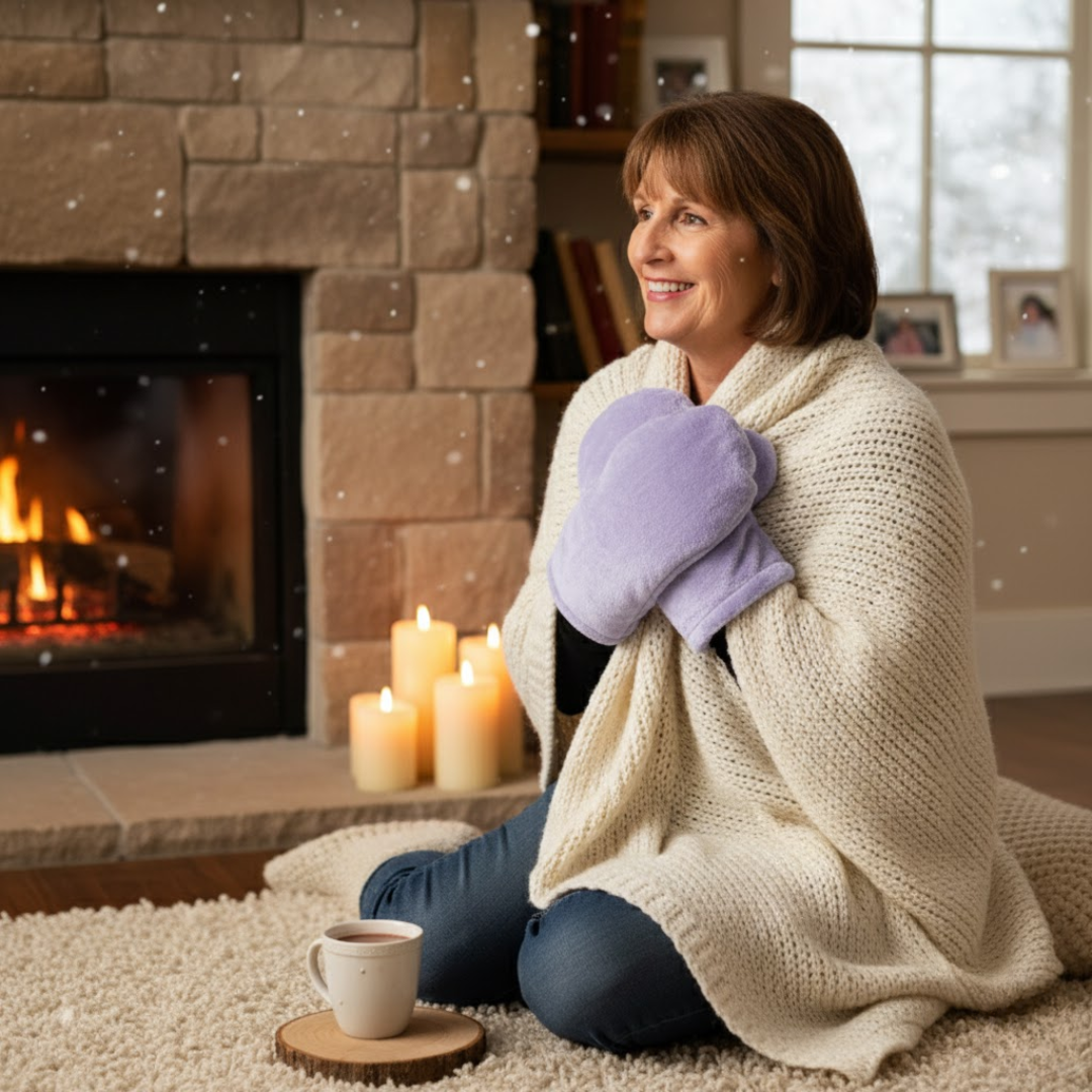 A smiling woman wrapped in a cream-colored blanket sits on the floor by a cozy stone fireplace, holding large lavender warming mitts.