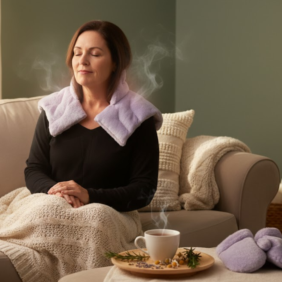 A woman relaxing on a sofa with a steaming lavender heating wrap around her neck and a blanket over her lap, next to a steaming mug of tea and purple slippers.