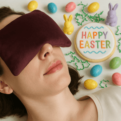 Person relaxing with aromatherapy eye pillow over eyes.