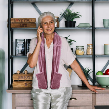 Warming scarf partially folded showing pocket placement